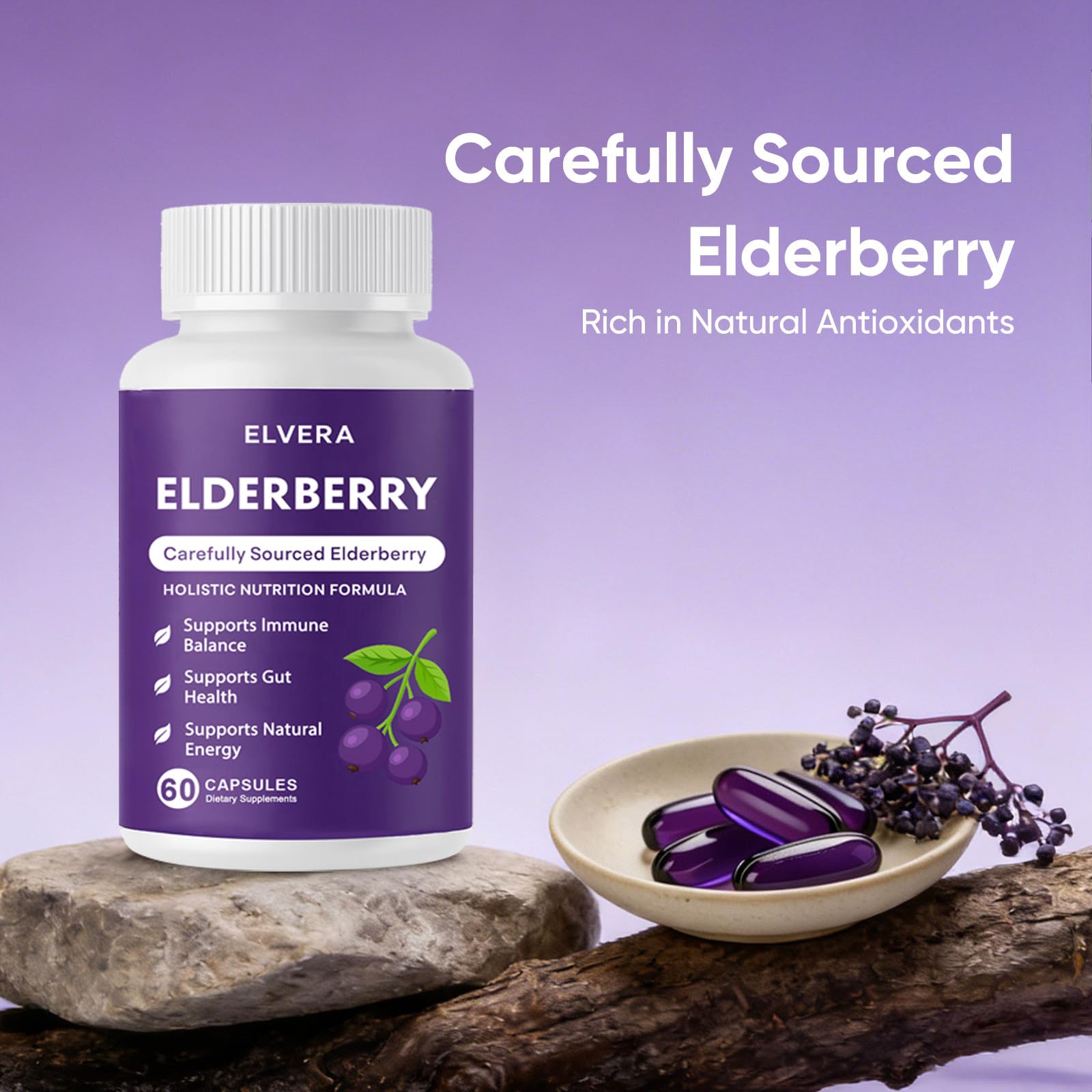 Elvera label close-up highlighting organic elderberry with zinc and vitamin C.