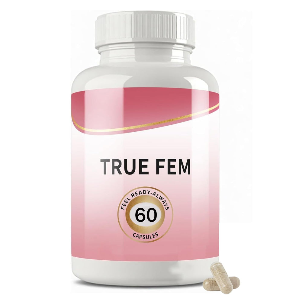 Aultink True Fem bottle closeup showing 60 capsules for daily feminine wellness.