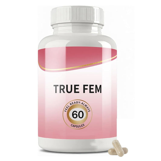 Aultink True Fem bottle closeup showing 60 capsules for daily feminine wellness.