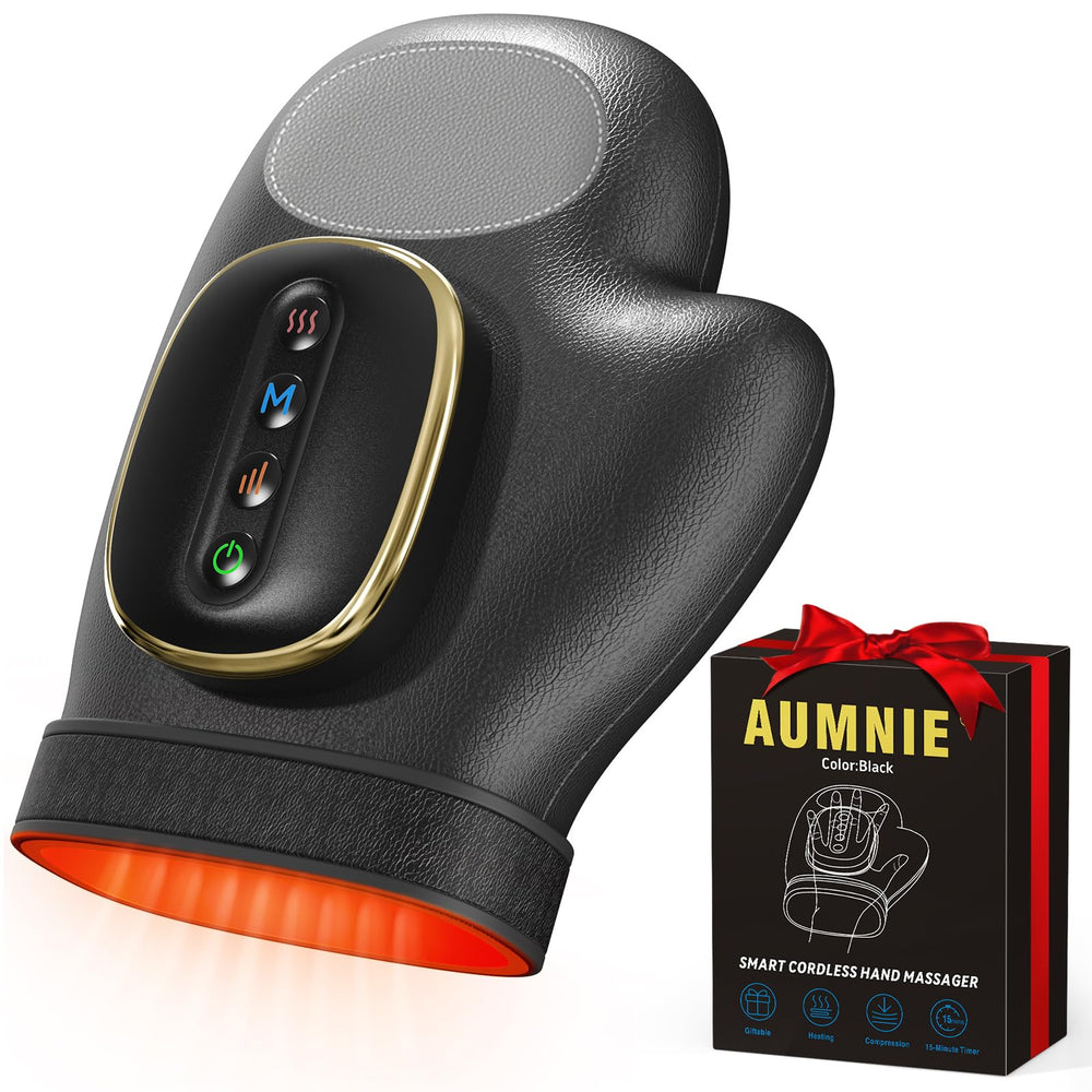 AUMNIE hand massager cordless glove worn for targeted warmth and stress relief.
