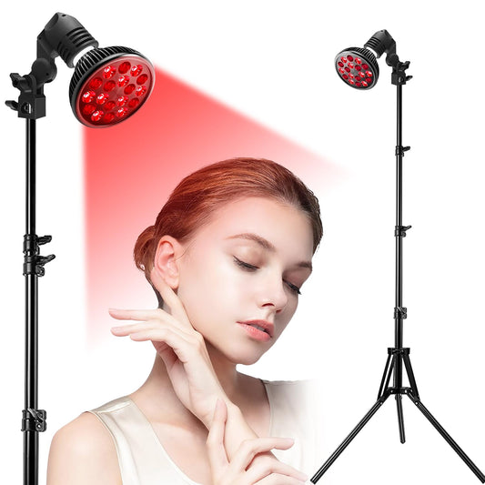 Aumtrly red light therapy lamp on an adjustable stand suited for body and face sessions.