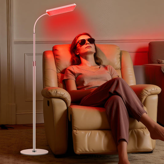 Aumtrly red light therapy panel on a stable stand for home use.