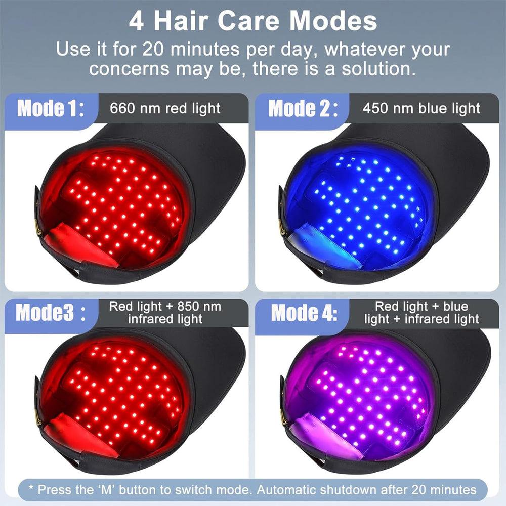 AUQLEF red light cap front view; comfortable fit for varied head shapes.