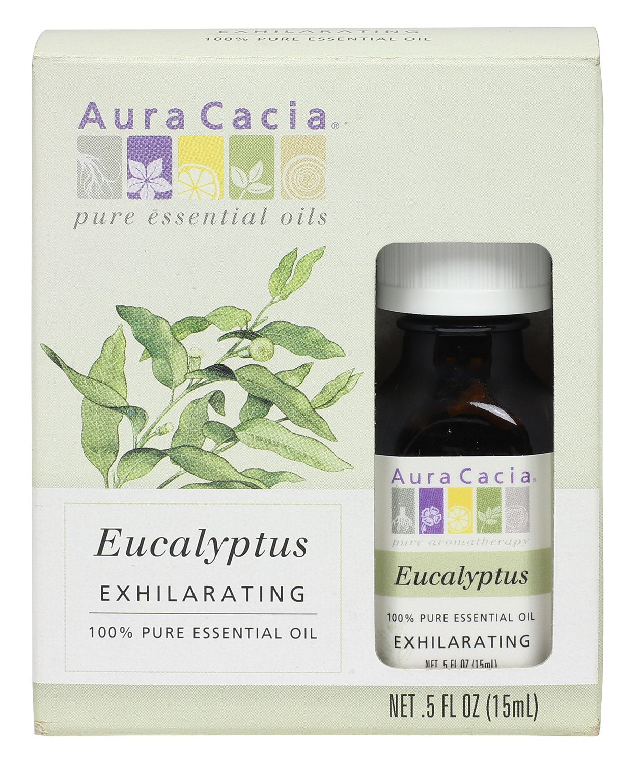 Aura Cacia eucalyptus oil bottle in diffuser setup for refreshing aroma.