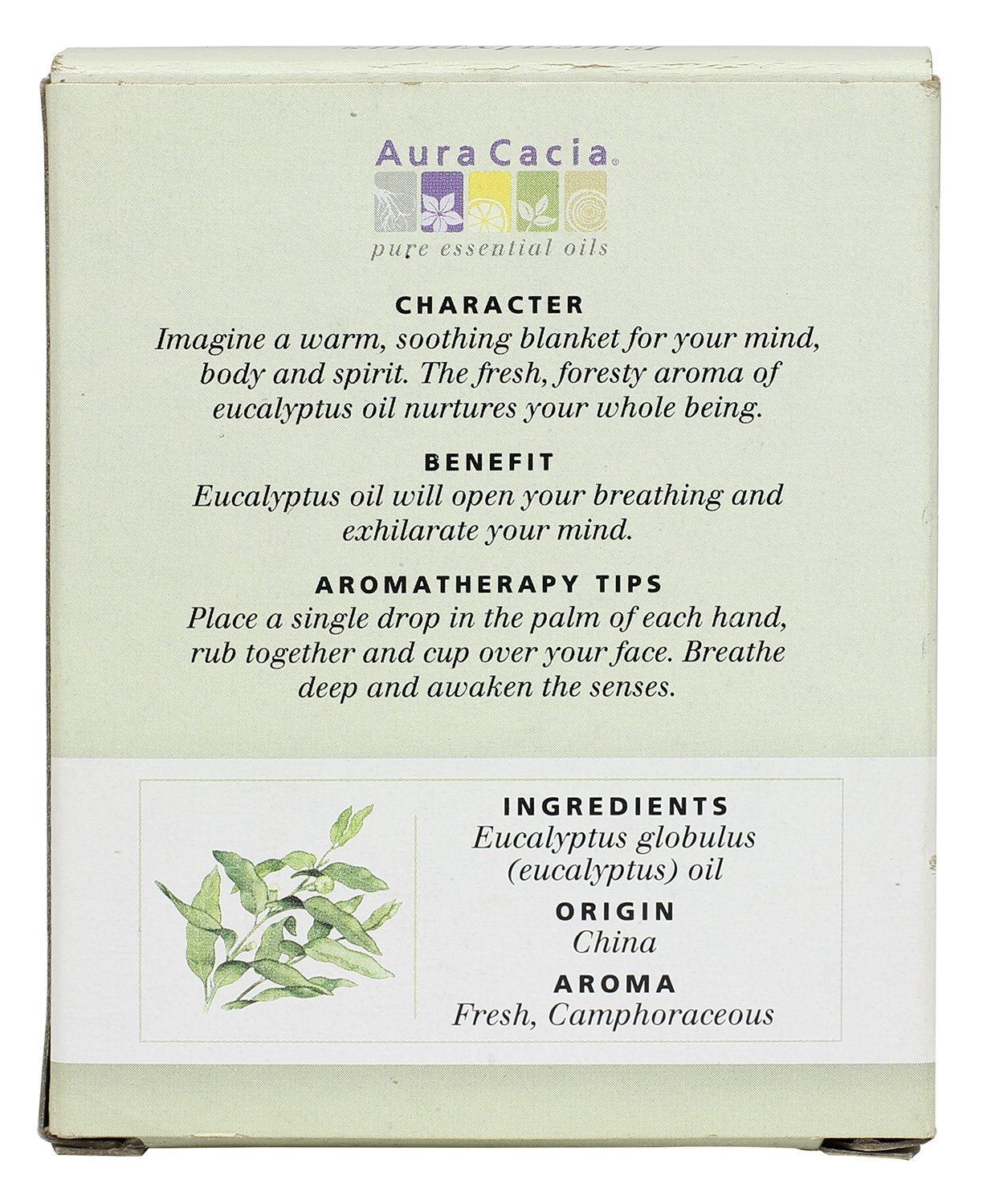 Aura Cacia eucalyptus oil packaging showcasing quality and freshness.