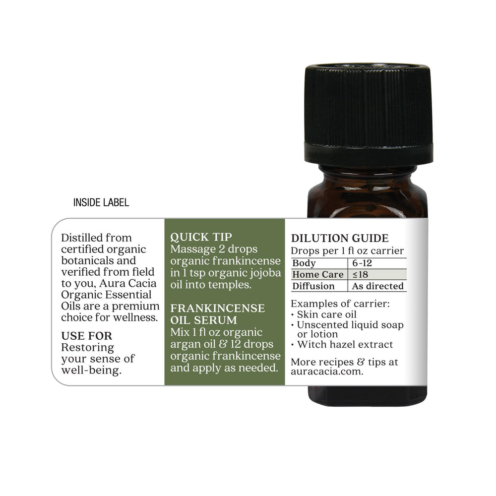 Aura Cacia Frankincense essential oil amber bottle highlighting quality and testing assurances