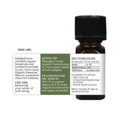 Aura Cacia Frankincense essential oil amber bottle highlighting quality and testing assurances
