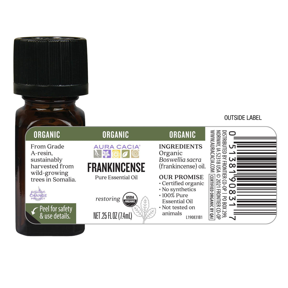 Aura Cacia Frankincense essential oil label indicating ethically sourced, cruelty-free, and paraben-free promise