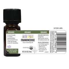 Aura Cacia Frankincense essential oil label indicating ethically sourced, cruelty-free, and paraben-free promise