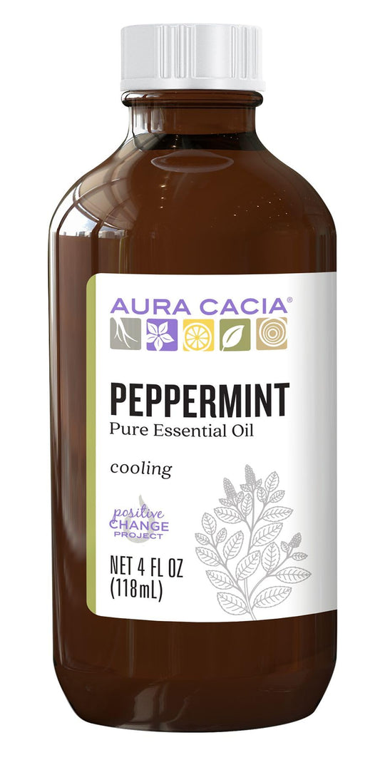 Aura Cacia peppermint oil bottle pour showcases a refreshing, cooling aroma for quick refreshment.