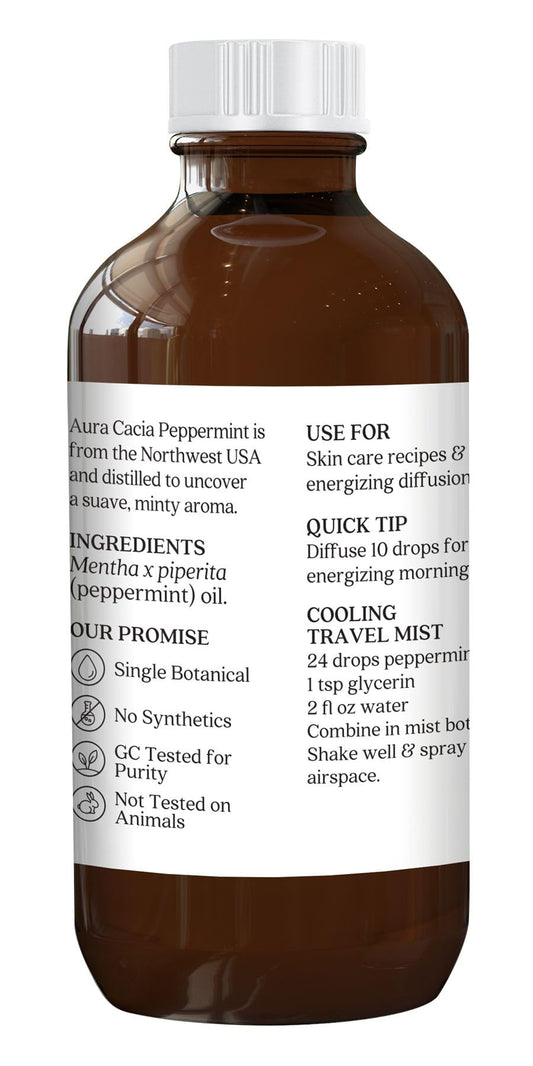 Aura Cacia peppermint oil cooling aroma offers an invigorating scent for focus.