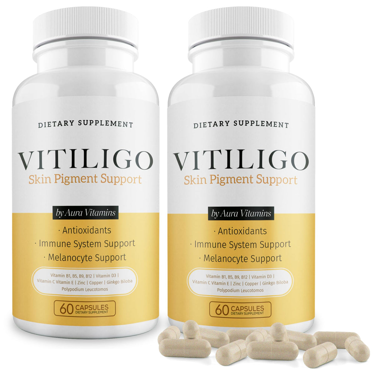 Aura Vitamins Dermawonder vitiligo capsules bottle with label promoting skin support