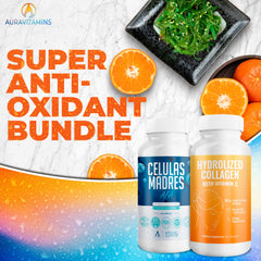 Aura Vitamins capsules closeup highlighting hydrolyzed collagen and vitamin C for skin support.