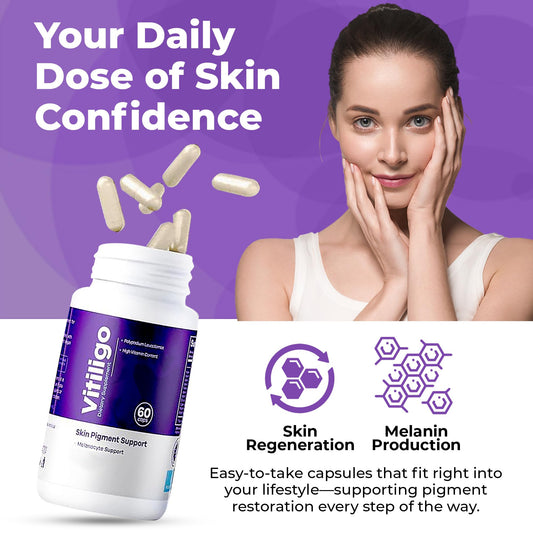 Aura Vitamins Vitiligo Capsules label closeup highlights clean, safe formulation.