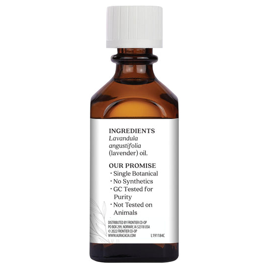 Aura Cacia Lavender Oil label closeup showing purity and product clarity