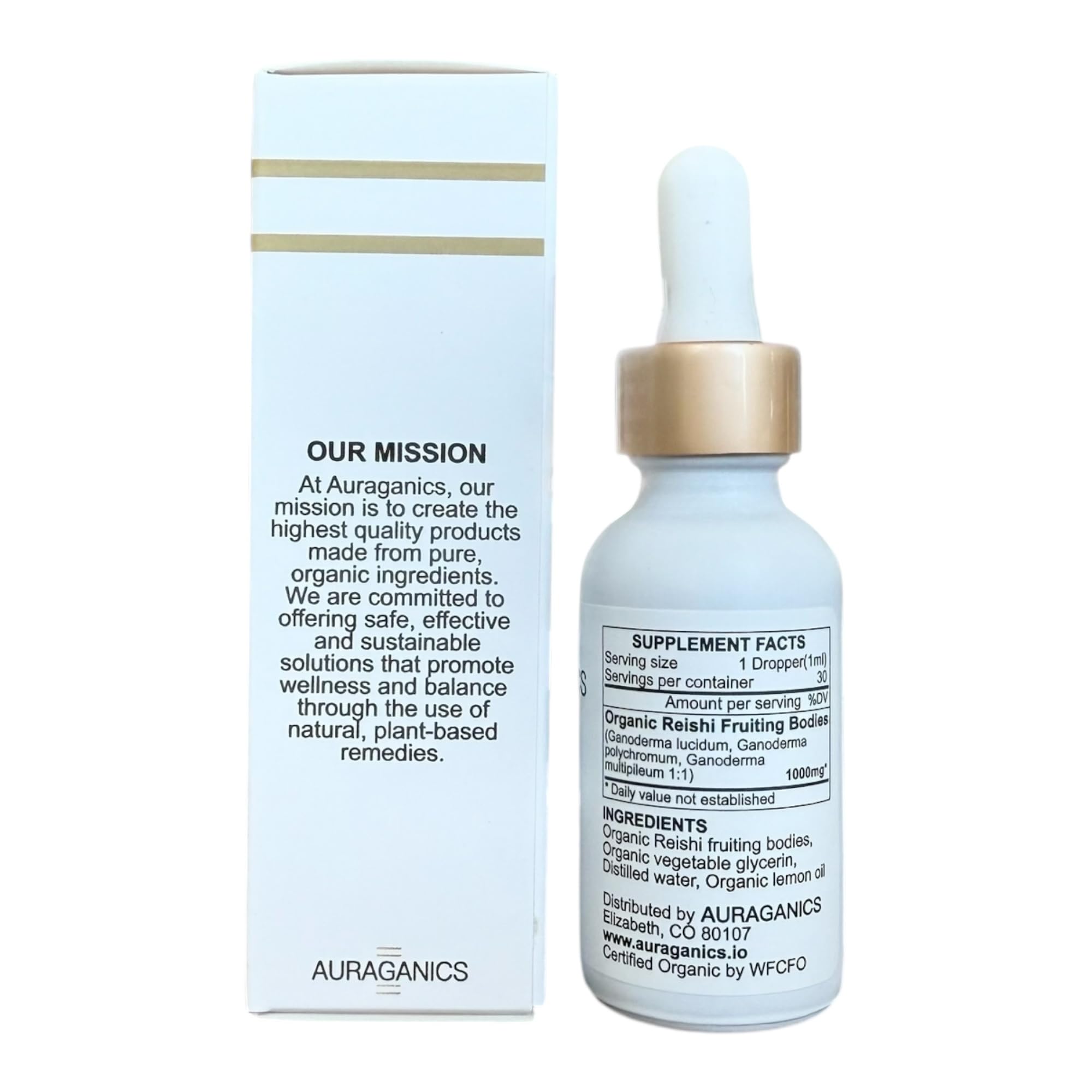 Amber bottle of Auraganics Reishi tincture representing a convenient one-month supply.
