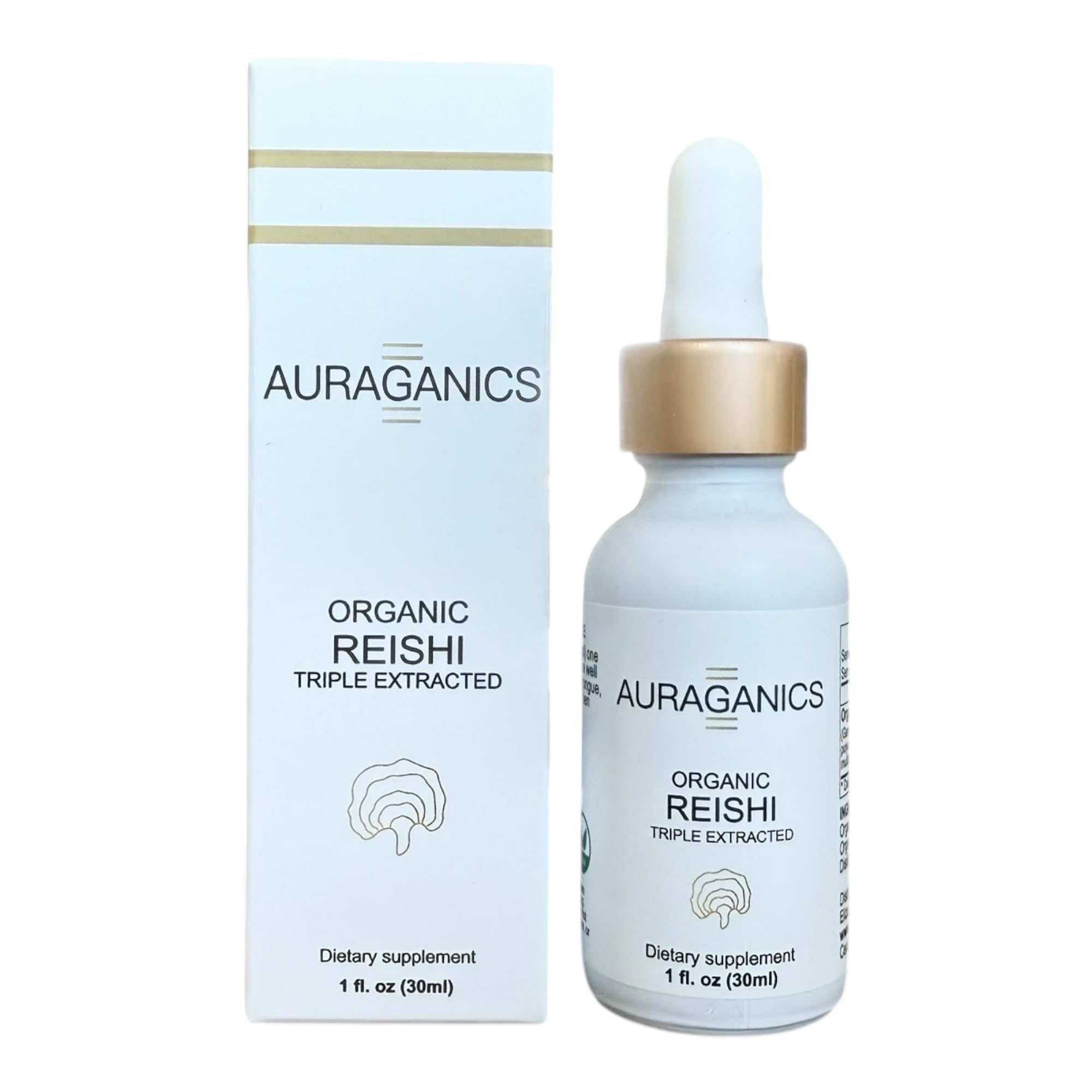 Auraganics Reishi tincture bottle ready for daily stress support in lemon flavor.