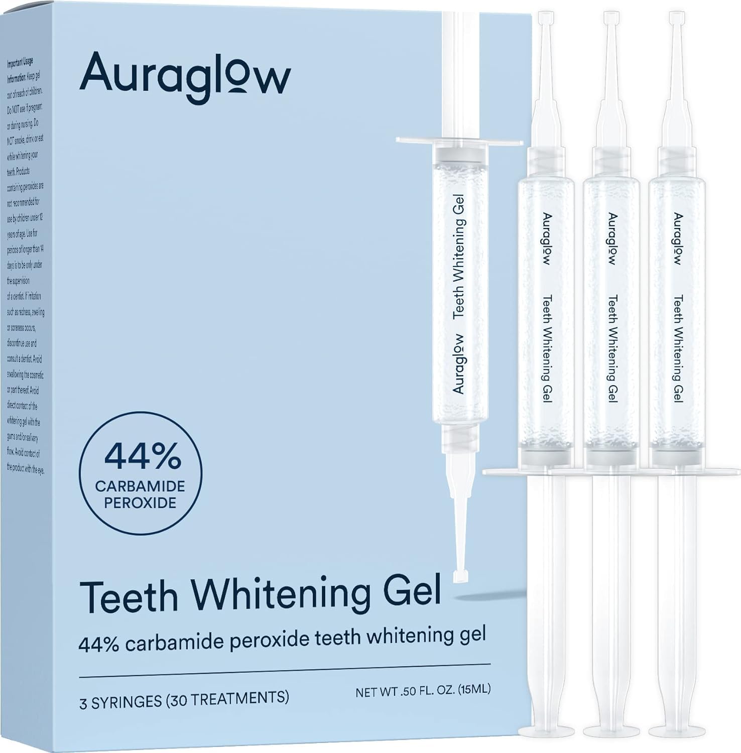 Auraglow 44% gel tray refill for at-home whitening with trays.