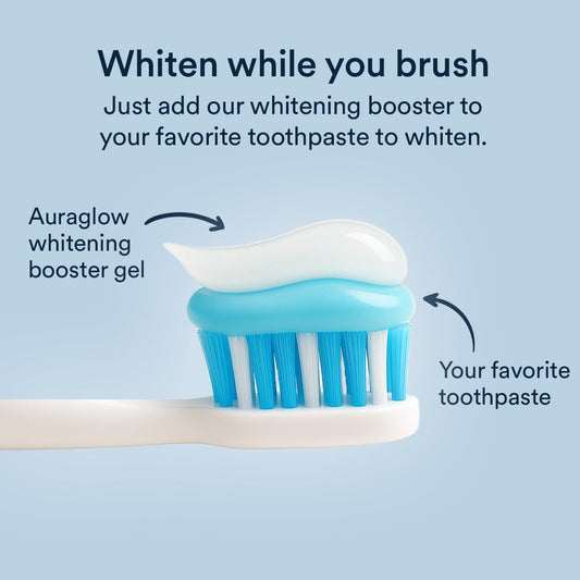 AURAGLOW booster added to toothpaste begins whitening during routine brushing.
