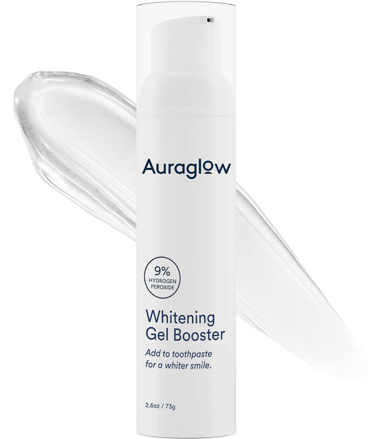 AURAGLOW Teeth Whitening Gel bottle shows 9% hydrogen peroxide for easy daily whitening.
