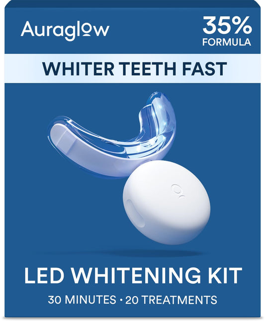 AURAGLOW teeth whitening kit with LED accelerator on tray for precise gel placement.