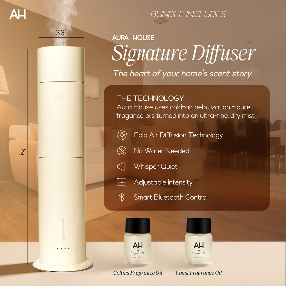 Aura House Coast oil bottle provides fresh coastal notes for calming rooms