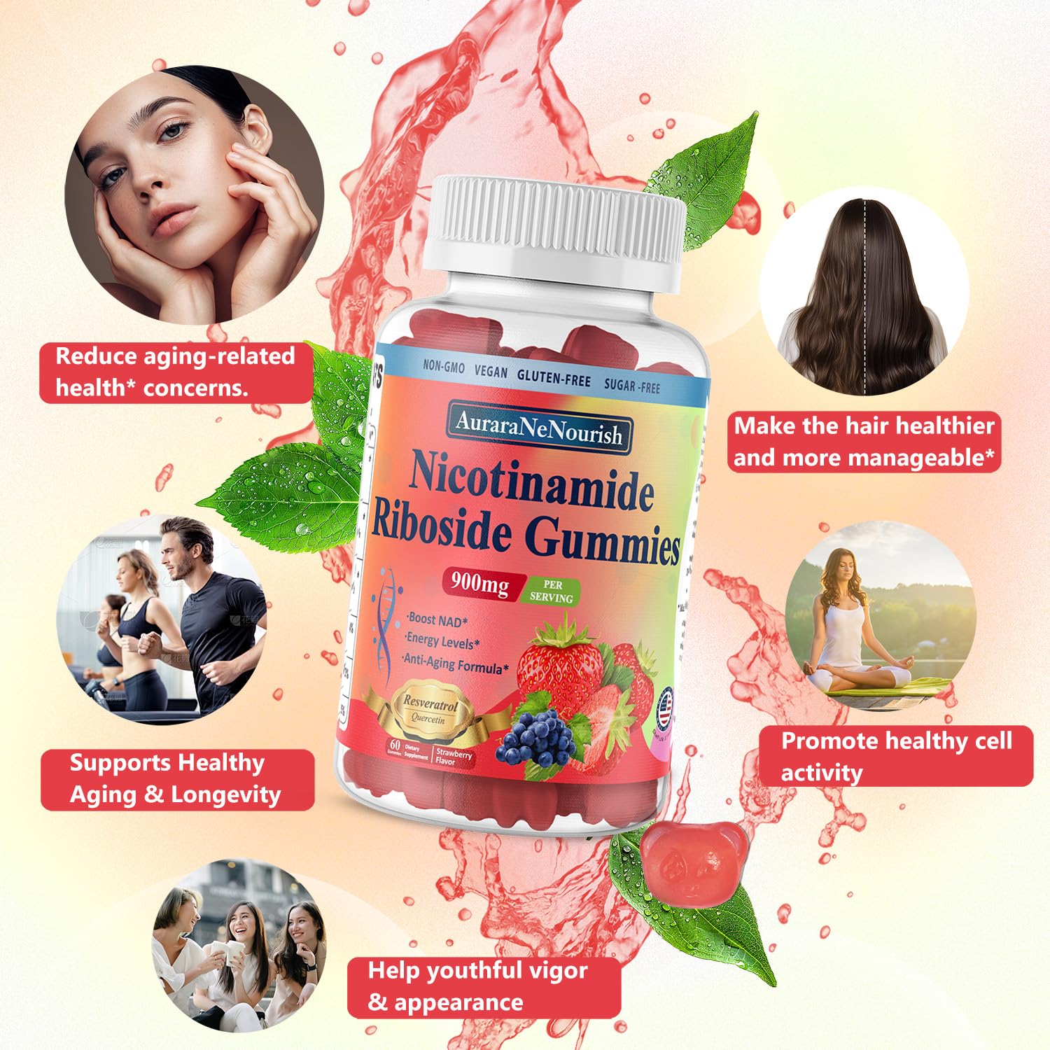 Gummies closeup, sugar-free strawberry formula