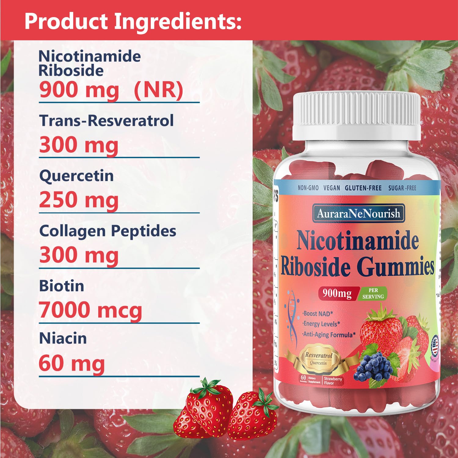 Strawberry-flavored AuraraNeNourish gummies for easy daily use