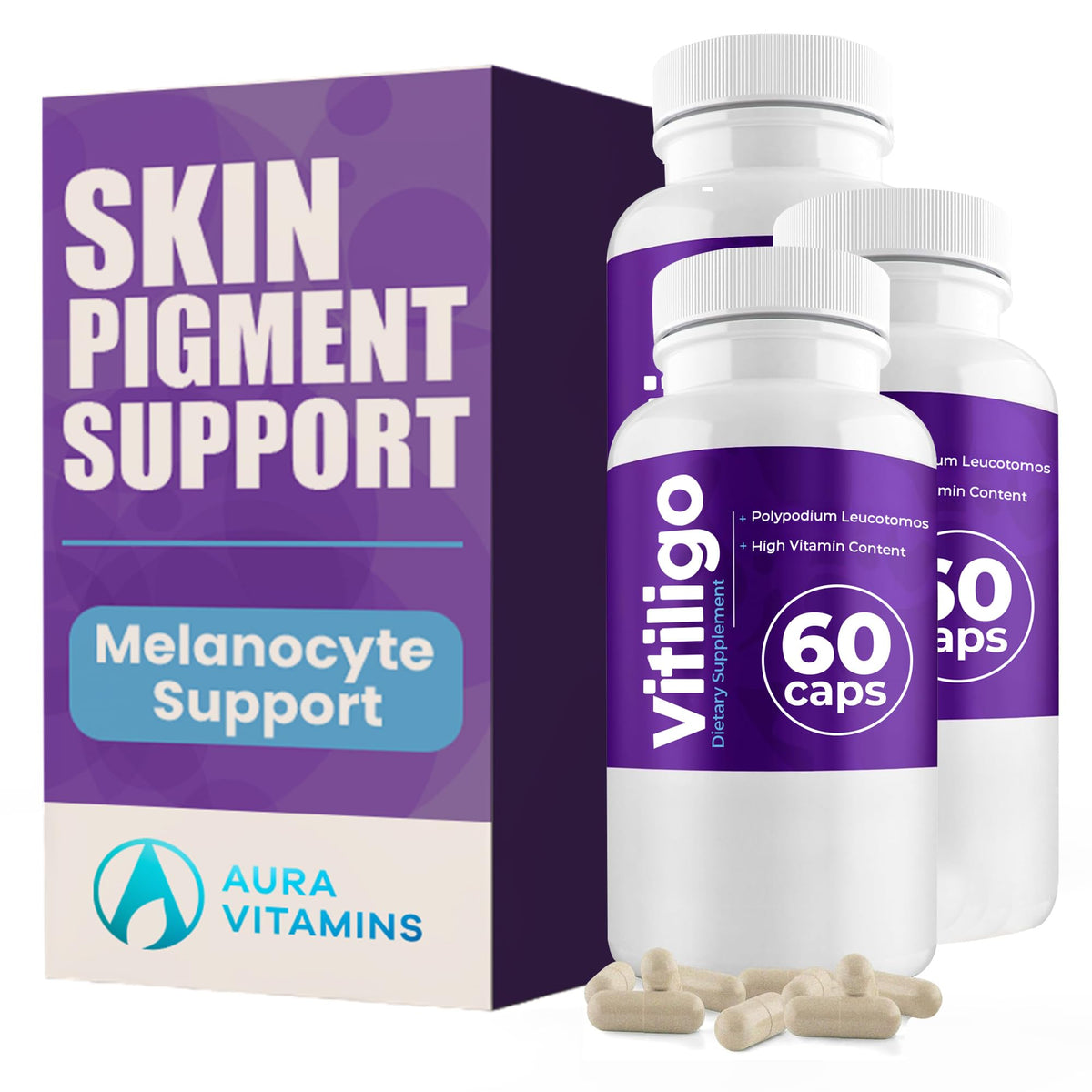 Aura Vitamins Vitiligo Capsules bottle supporting skin pigment balance