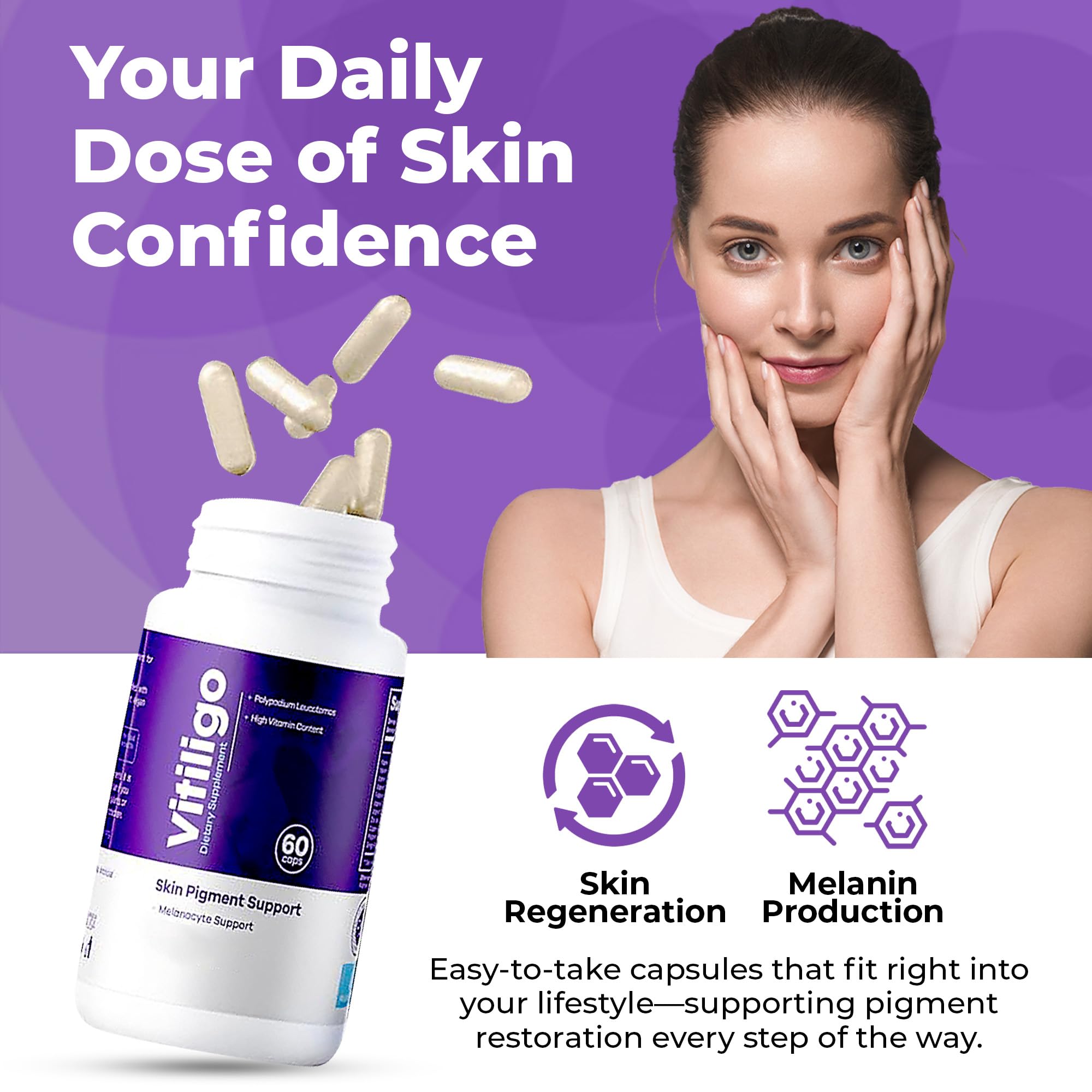 Aura Vitamins Vitiligo Capsules being poured for daily pigment support