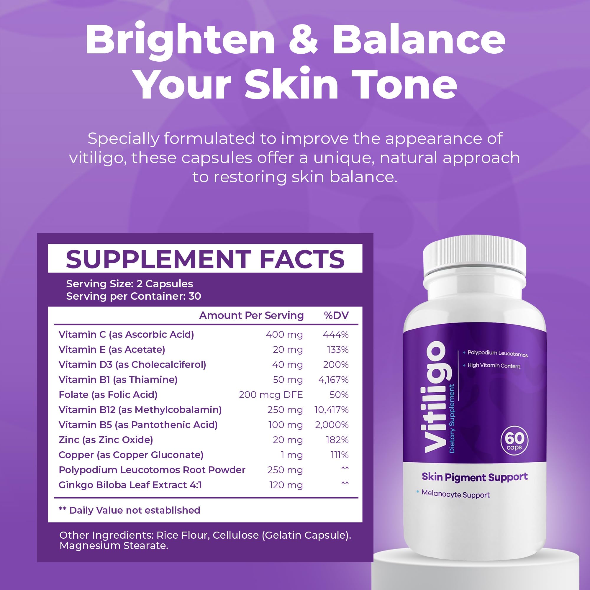 Close-up of Aura Vitamins Vitiligo Capsules for daily skin health support