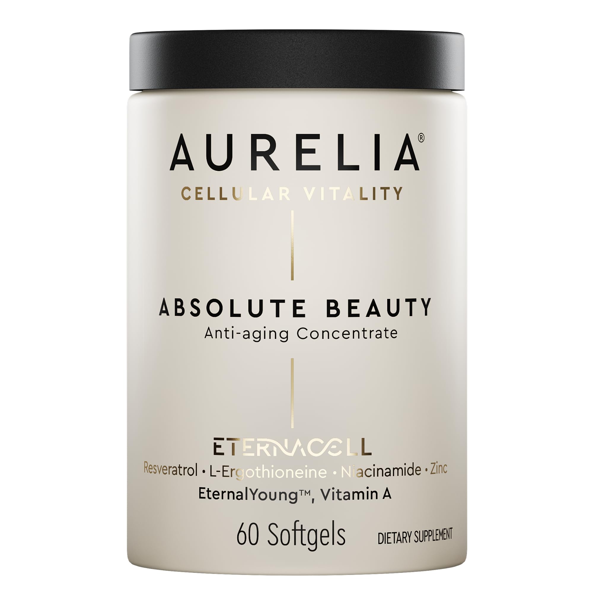AURELIA Absolute Beauty bottle close-up highlighting hydration-boosting anti-aging formula.