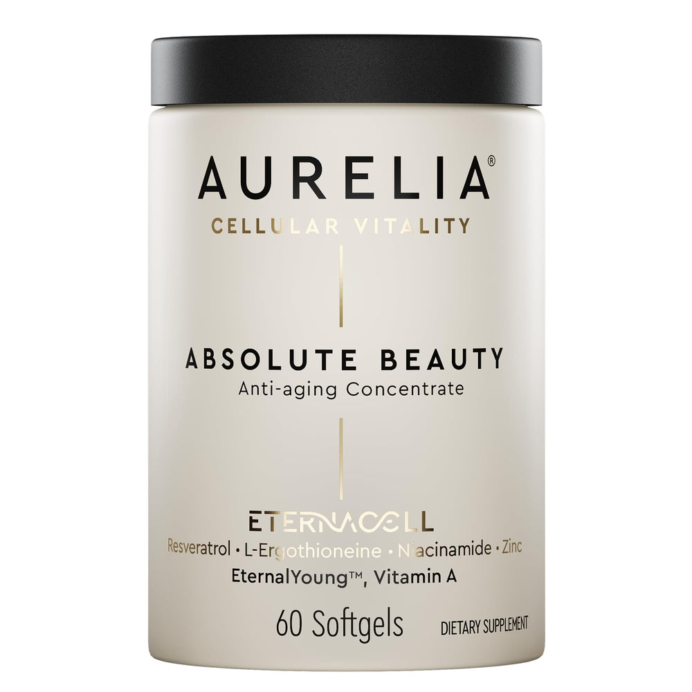 AURELIA Absolute Beauty bottle close-up highlighting hydration-boosting anti-aging formula.