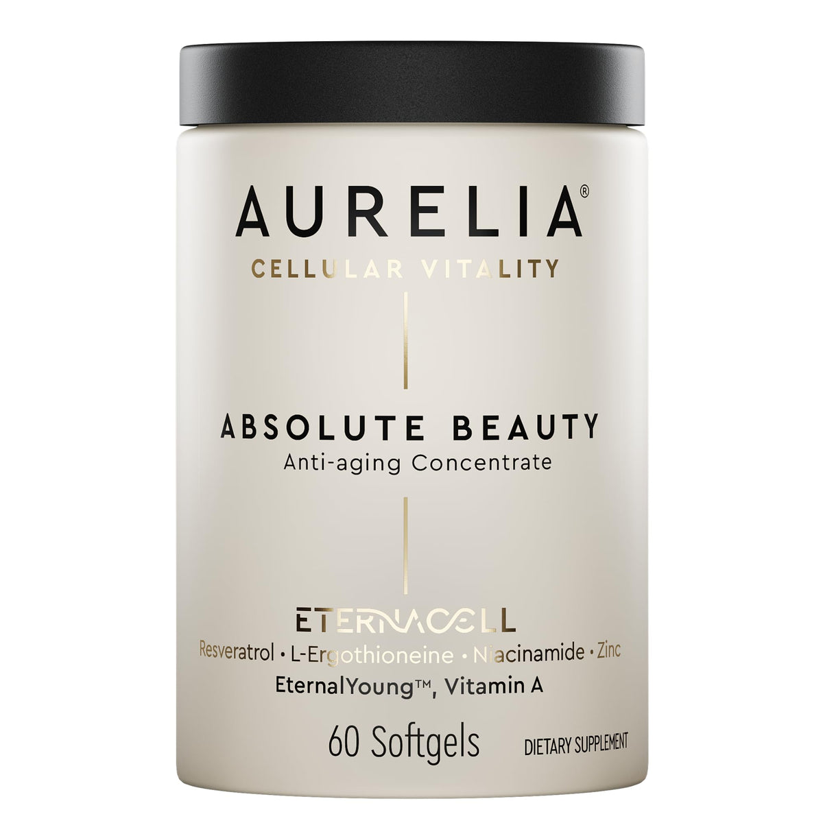 AURELIA Absolute Beauty bottle close-up highlighting hydration-boosting anti-aging formula.