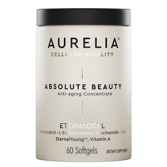 AURELIA Absolute Beauty bottle close-up highlighting hydration-boosting anti-aging formula.