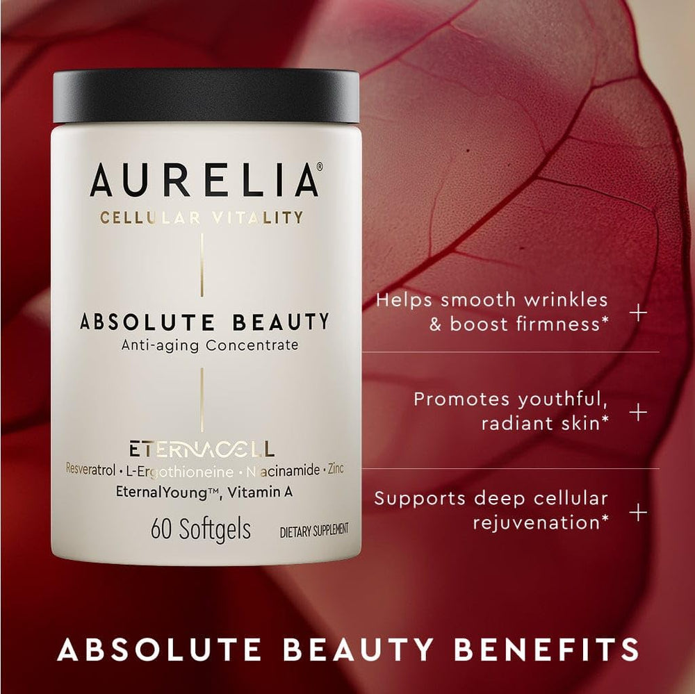AURELIA Absolute Beauty capsule bottle on a vanity for radiant skin support.