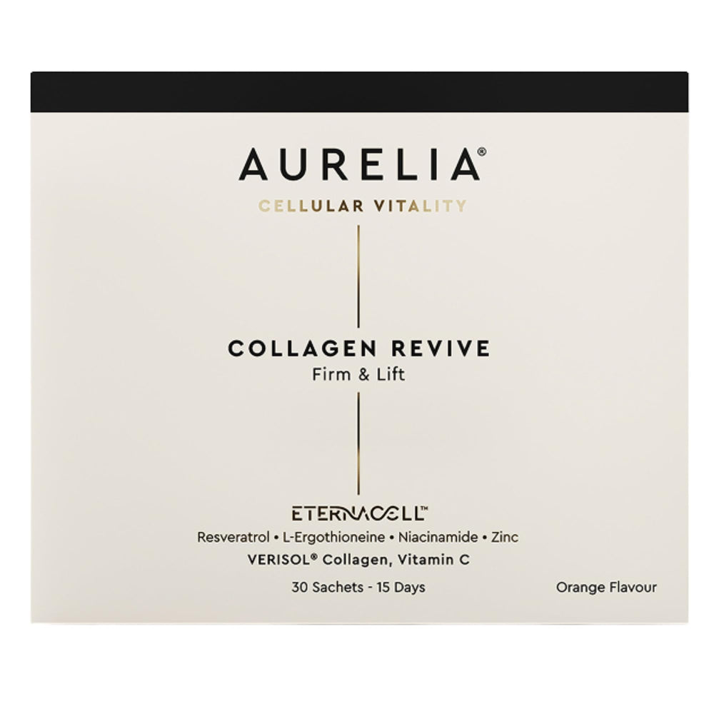 Aurelia Collagen Revive bottle with label highlighting skin-supporting ingredients and hydration benefits.