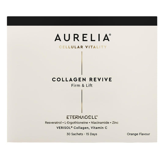 Aurelia Collagen Revive bottle with label highlighting skin-supporting ingredients and hydration benefits.