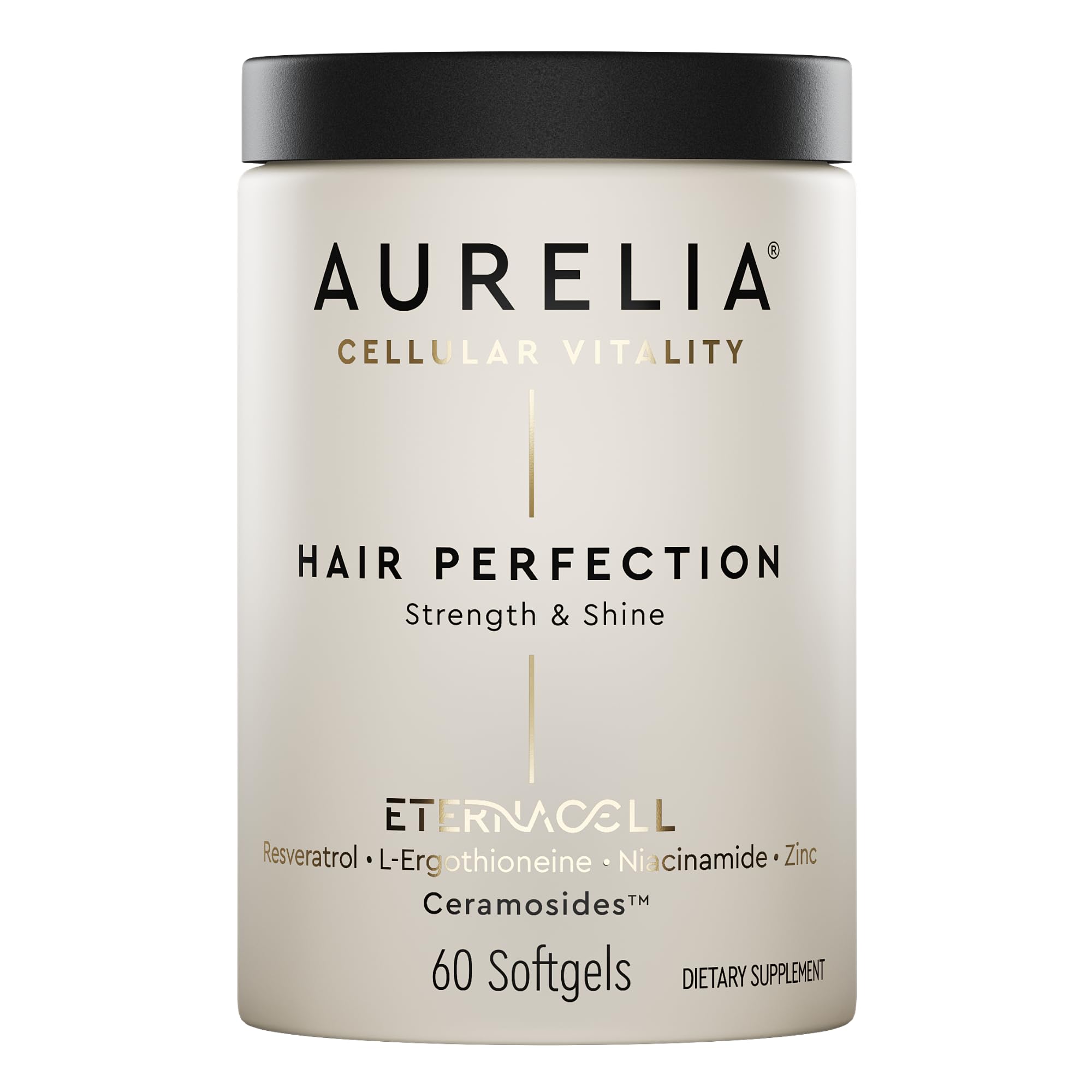 AURELIA Hair Perfection bottle close-up, signaling premium support for hair vitality.