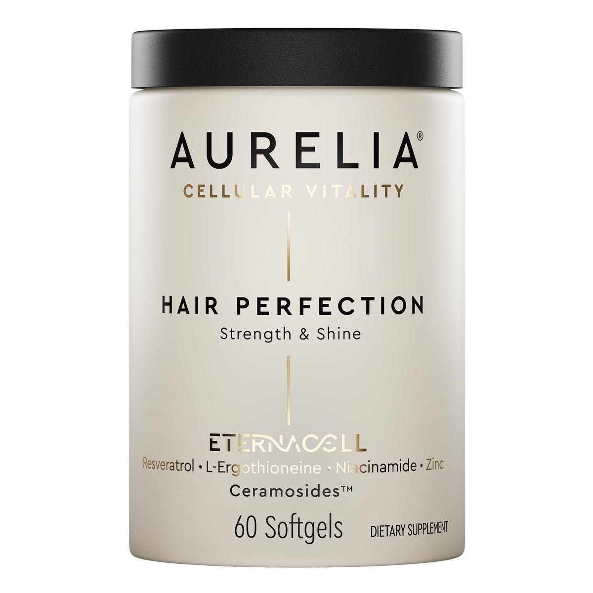 AURELIA Hair Perfection bottle close-up, signaling premium support for hair vitality.