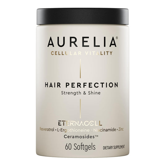 AURELIA Hair Perfection bottle close-up, signaling premium support for hair vitality.