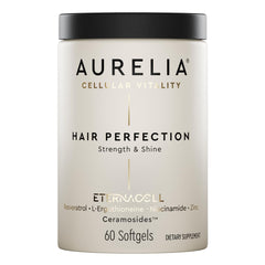 AURELIA Hair Perfection bottle close-up, signaling premium support for hair vitality.