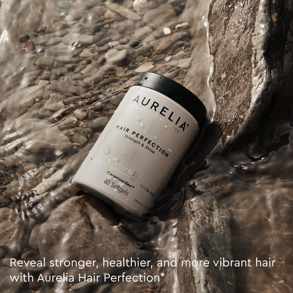 AURELIA Hair Perfection hair strand close-up showing smooth, glossy hair.