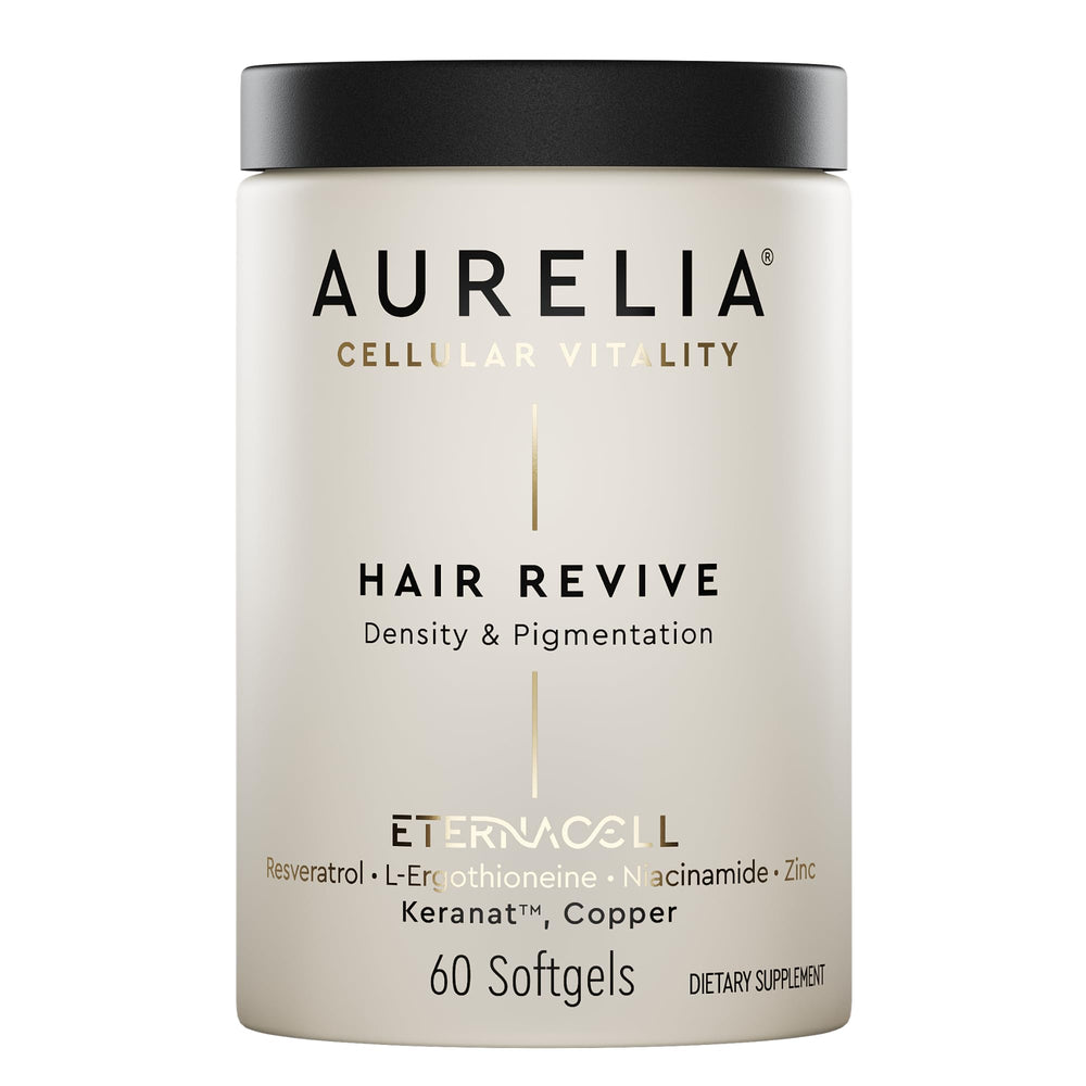AURELIA Hair Revive bottle on a clean vanity for daily hair support.
