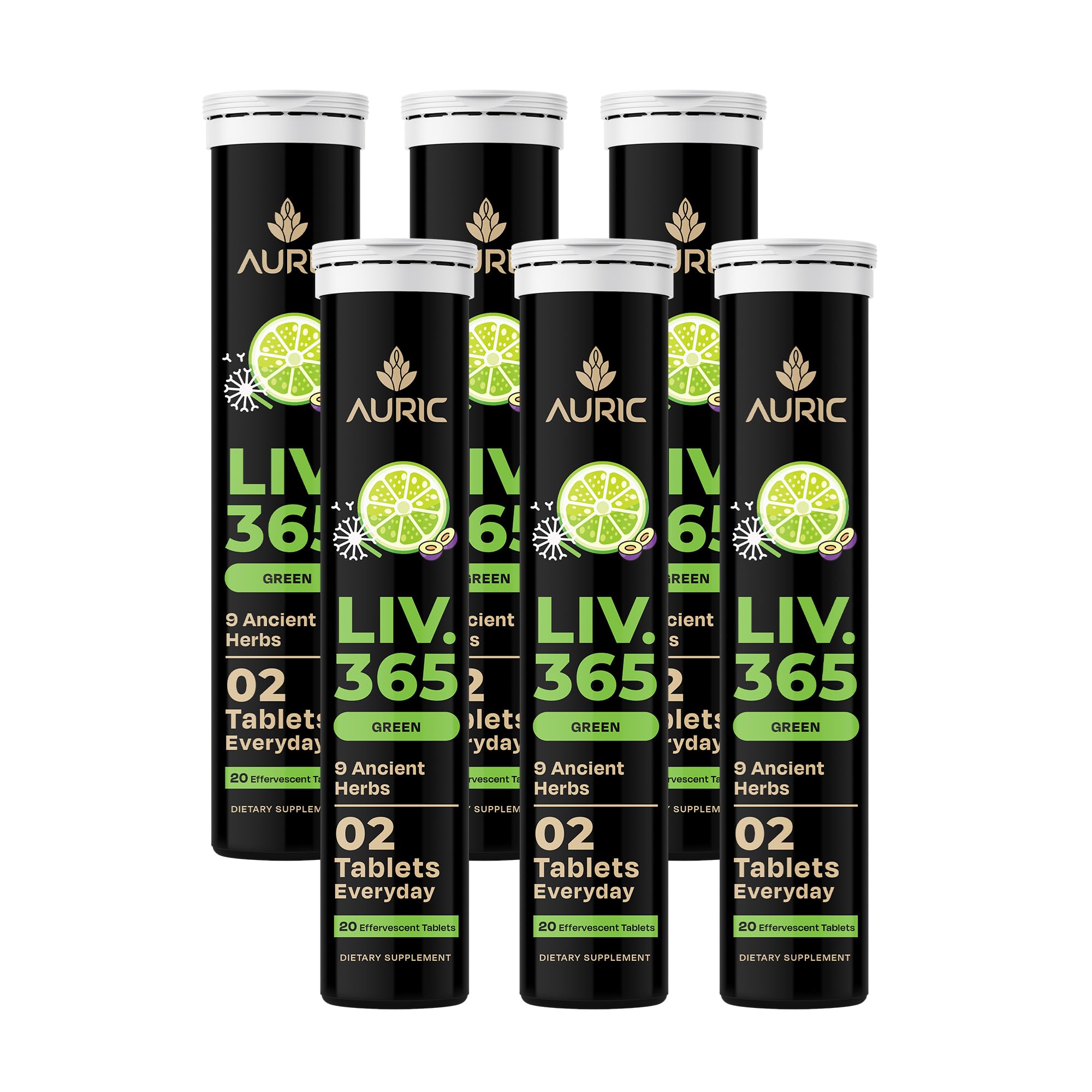 Auric Liv365 bottle front view showing lemon flavored tablets for daily liver health.