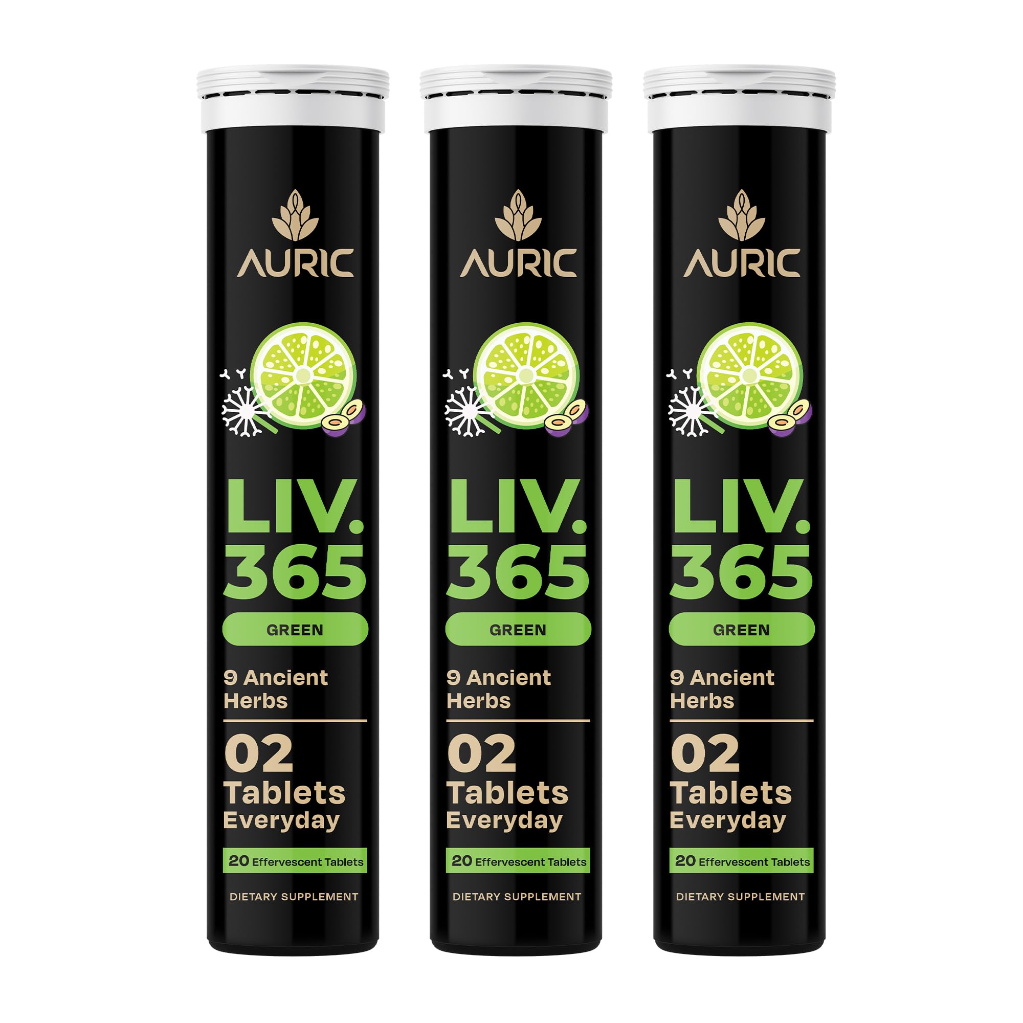 Auric Liv365 bottle front showing lemon flavor for daily detox support