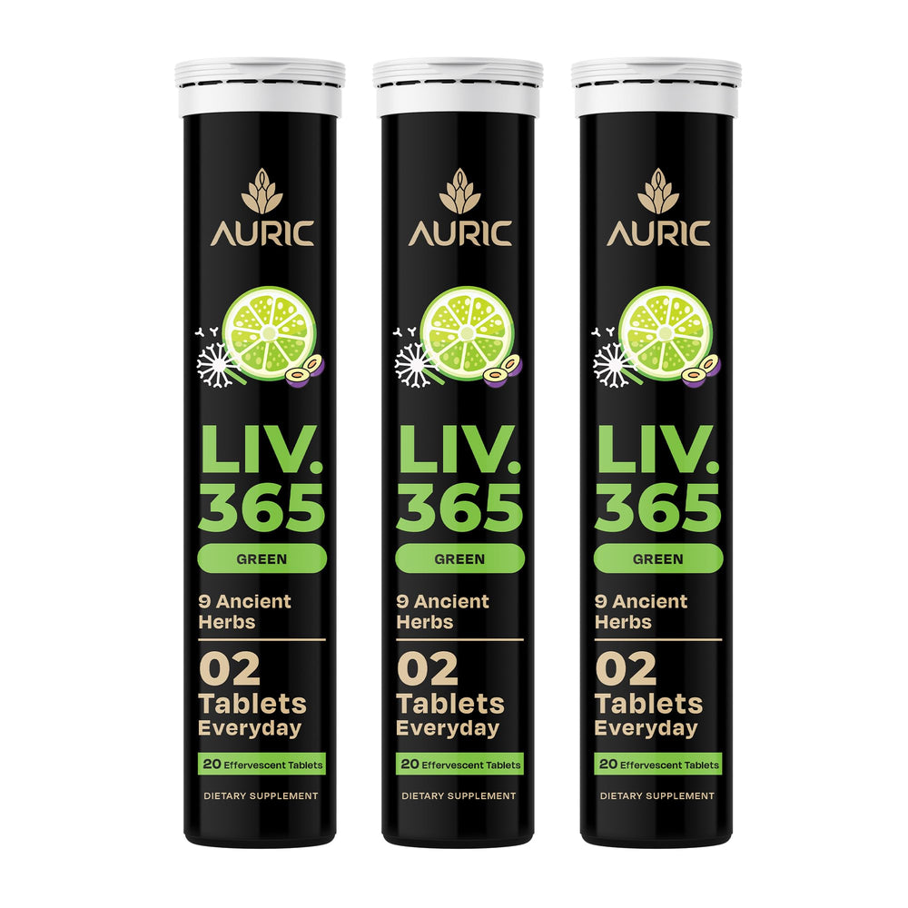 Auric Liv365 bottle front showing lemon flavor for daily detox support