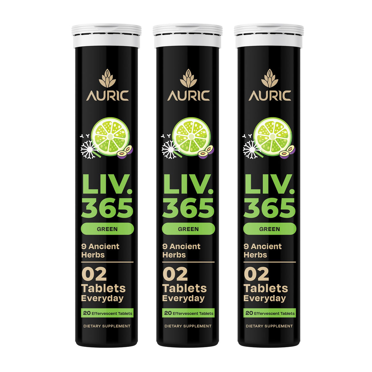 Auric Liv365 bottle front showing lemon flavor for daily detox support
