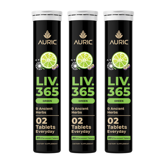 Auric Liv365 bottle front showing lemon flavor for daily detox support