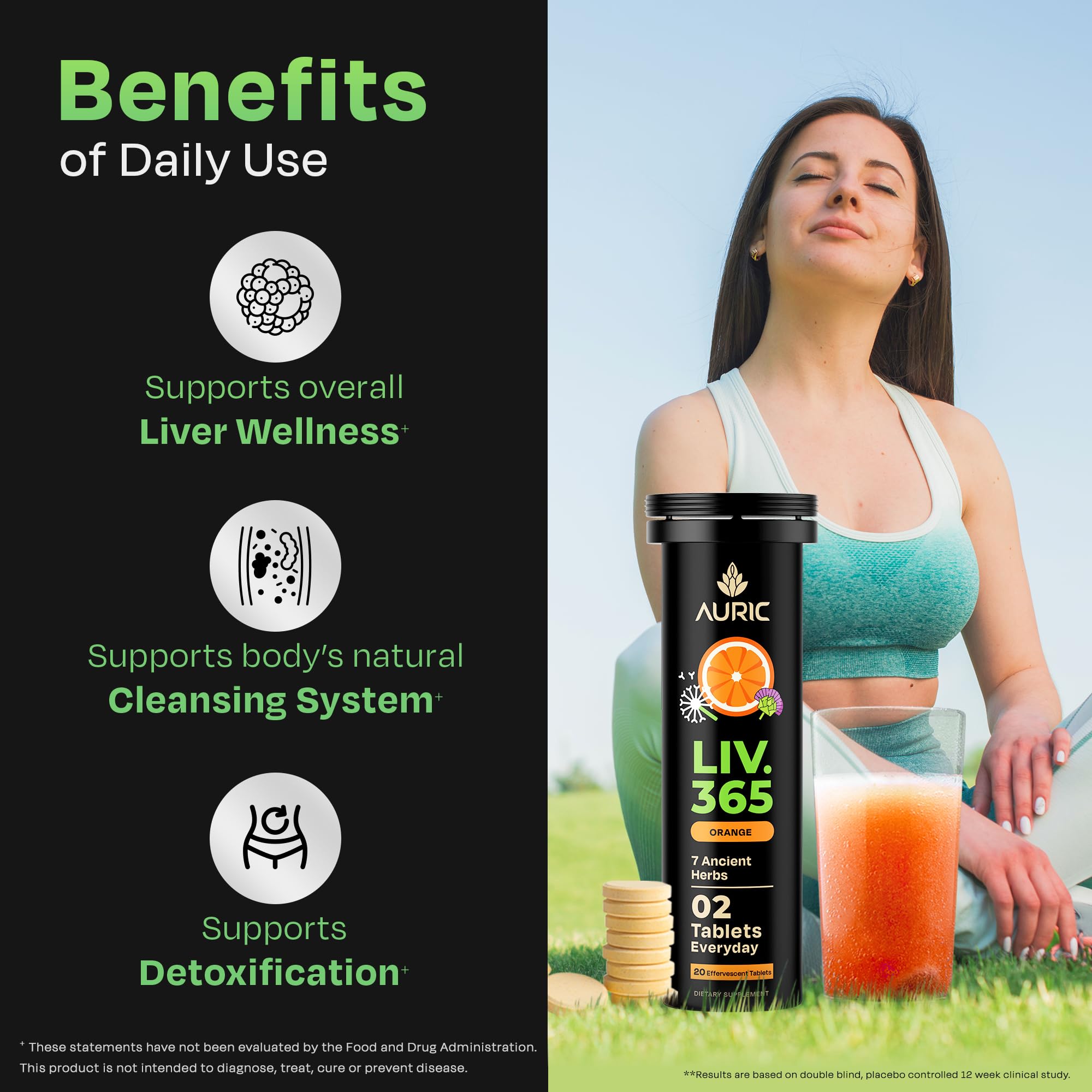 Hand holding Auric Liver Support tablets for easy daily dosing.